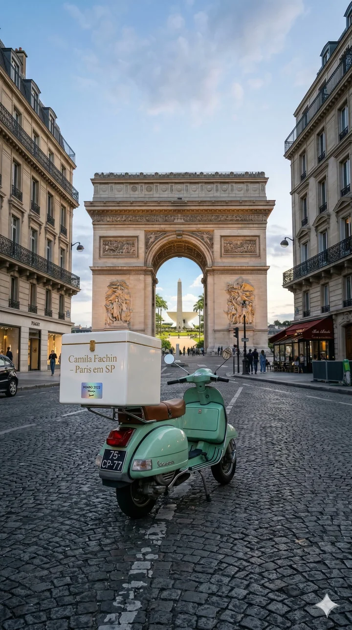 Vespa verde com baú personalizado em rua de paralelepípedos, Arco do Triunfo ao fundo