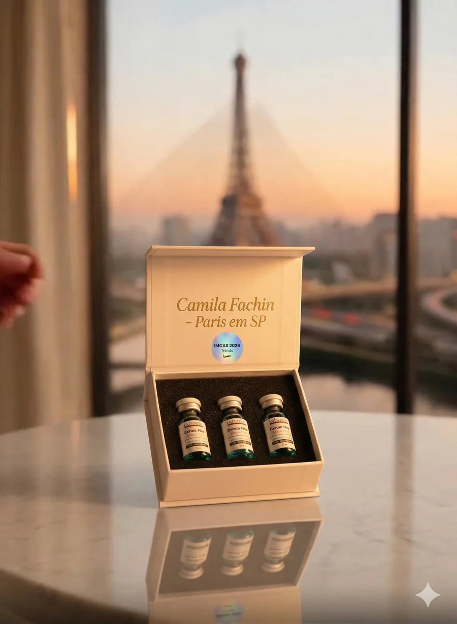 Caixa branca aberta com ampolas de PDRN Factors sobre mesa de mármore, Torre Eiffel desfocada ao fundo