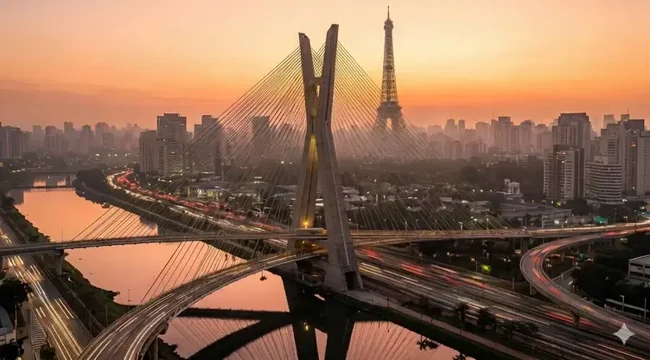 Ponte Estaiada ao pôr do sol com Torre Eiffel ao fundo