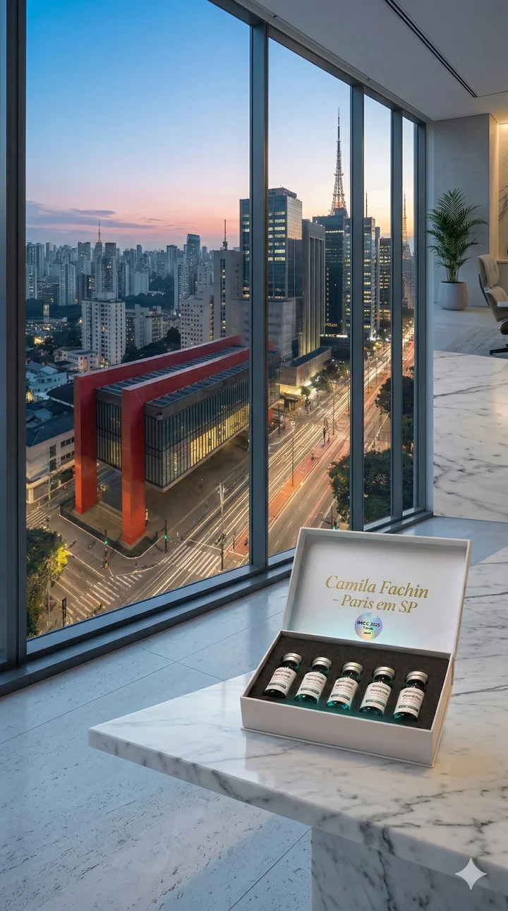 Kit de ampolas La Cutanée sobre mesa de mármore com vista panorâmica da Avenida Paulista ao pôr do sol